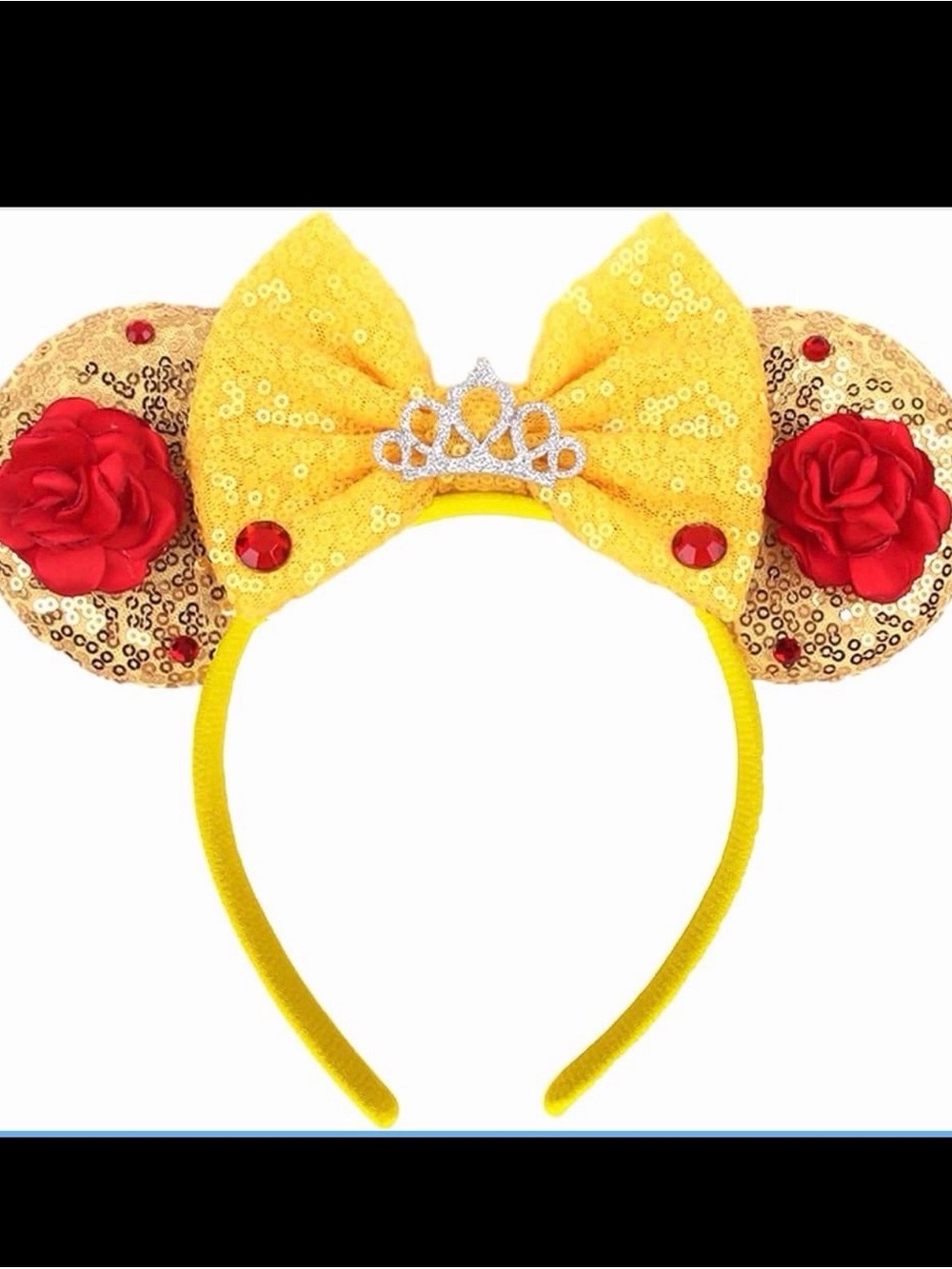Yellow Sequin Princess Mouse Ear Headband with Red Rose Accents